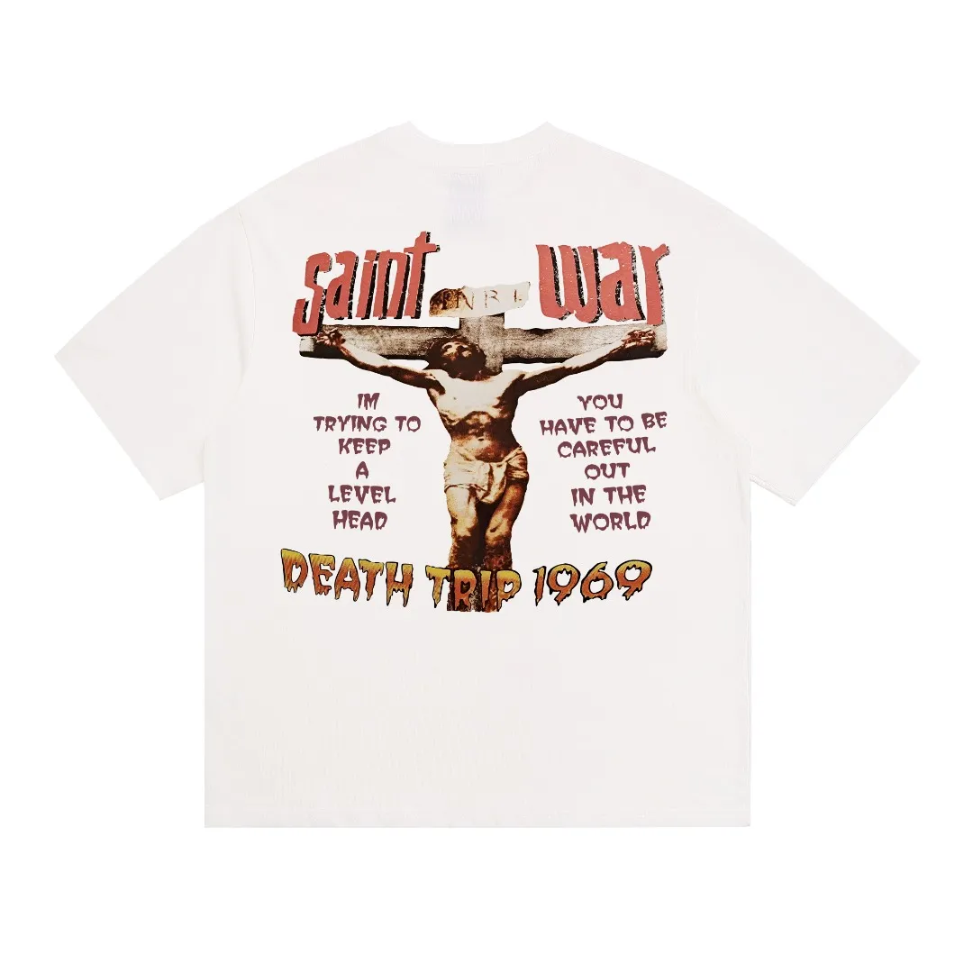 Saint Michael cross male god VTG American print retro Vintage loose short-sleeved T-shirt with digital white ink direct printing. The fabric is breathable and the pattern is three-dimensional and clear. Fabric: Double yarn 240g Style number: S911 Size: S-M-L-XL Color: White Price: P110